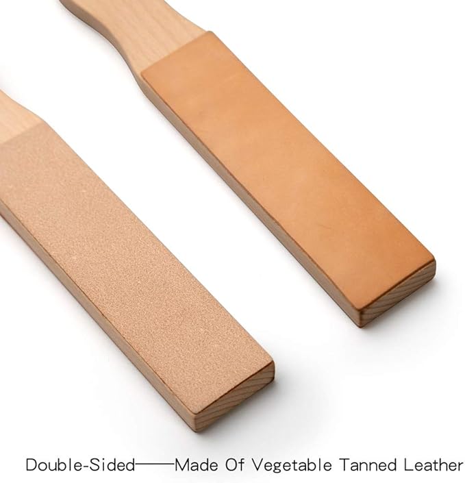 WUTA Natural Leather Sharpening Strop w/Green Polishing Compound,Knife Razor Polishing Board Wooden Handle Double-Sided Vegetable Tanned Leather