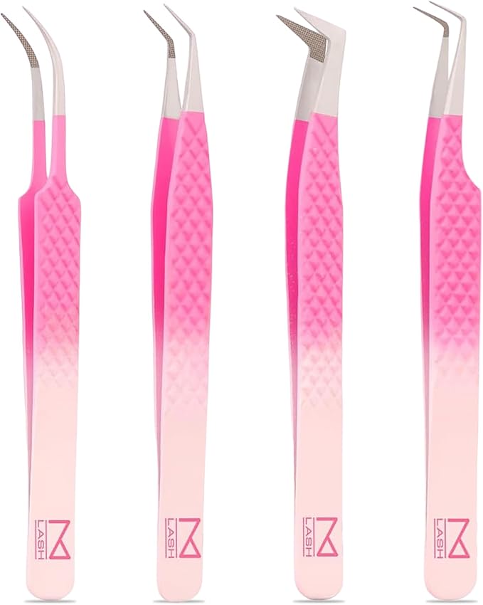 M LASH Tweezers for Eyelash Extensions (Set of 4) - Professional Lash Extension Tweezers - Fiber Tip, Japanese Steel, Diamond Grip Eyelash Extension Tweezer set (Lilac)