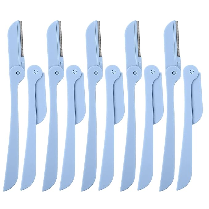 FOMIYES 10Pcs Foldable Stainless Steel Eyebrow Razors for Women, Portable Facial Hair Removal Trimmer with Plastic Handle, Blue