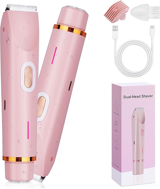 Ladies Electric Razor, 2 in 1 Dual Head Shaver Women, Bikini Trimmer for Women Personal Body Face Leg Arm Hair USB Charge Waterproof Wet and Dry (Pink)