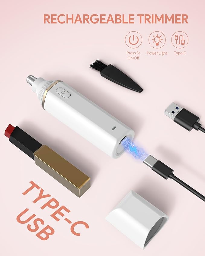Roleader Nose Hair Trimmer for Men & Women, Type-C Rechargeable Nose Hair and Eyebrow Trimmer, Professional Painless, Powerful Motor and Dual-Edge Blades for Smoother Cutting, White 1PC