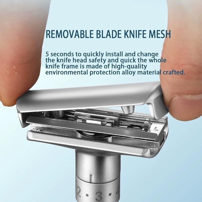 6-speed adjustable dual-blade safety razor with 10 platinum-coated stainless steel blades. Includes optional stand. Comes with complimentary travel pouch. (Silver + base + holster)