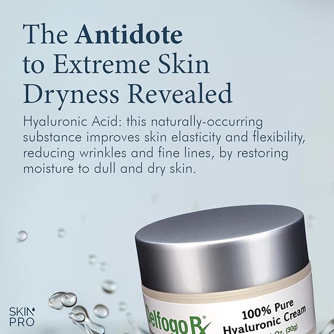 Delfogo Rx 100% Pure Hyaluronic Acid Cream for Face - Deep Hydration Moisturizer for Dry Skin, Anti Aging Facial, Plumping Day & Night Cream for Women and Men