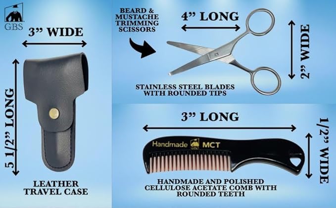 G.B.S Men's 3n1 Trimming, Cutting and Styling Beard Scissors, Stainless-steel Scissors for Beard, Mustache, Eyebrow, Nose Hair, Leather Travel Case and Beard and Mustache Comb