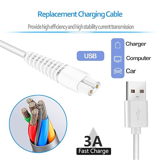 Charging Cable Replacement for Flawless Legs Shaver, 2 Pack Power Cord Electric Trimmer Charger Cable Charger Cord for Finishing Touch Flawless Legs Hair Remover Electric Shaver for Women, White