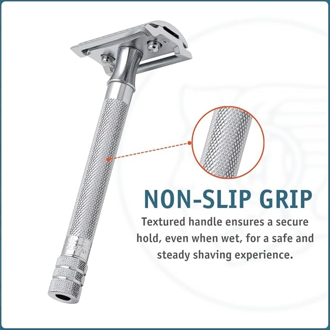 MERKUR 23C Double Edge Safety Razor - Polished Chrome, Long Knurled Brass Handle, Made in Germany, Plastic-Free, Three Piece Design, Closed Comb, Straight Bar