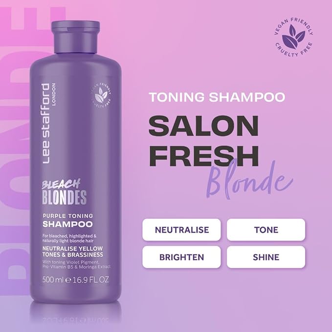 Lee Stafford Purple Toning Shampoo | Bleach Blonde Collection - Best Toner Cleanser, Neutralizes Brassy & Yellow, Great for Color Treated, Silver, & Grey, Hydrating for Dry, Damaged Hair, 16.9 Fl Oz