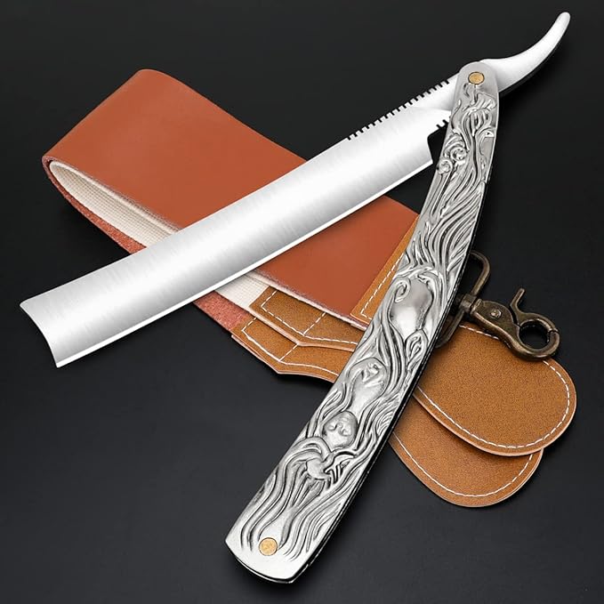Professional Straight Razor with First Layer Cowhide Strop - Straight Edge Barber Razor Premium Stainless Steel Shaver Razor for Men Home & Salon Grooming Using