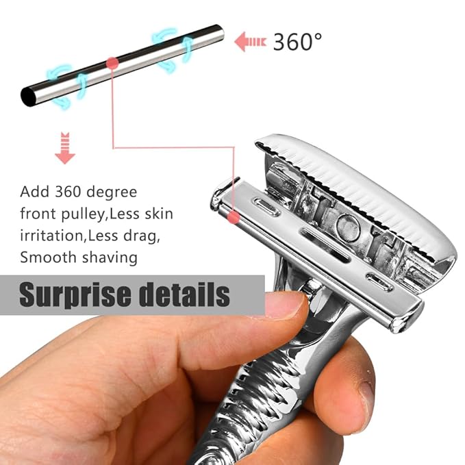 Single Blade Razors for Men and Women, Reusable Modular Safety Razor with Magnetic Head and Metal Non-Slip Grip, 10 Single Edge Razor Blades & Leather Case,Silver Roller