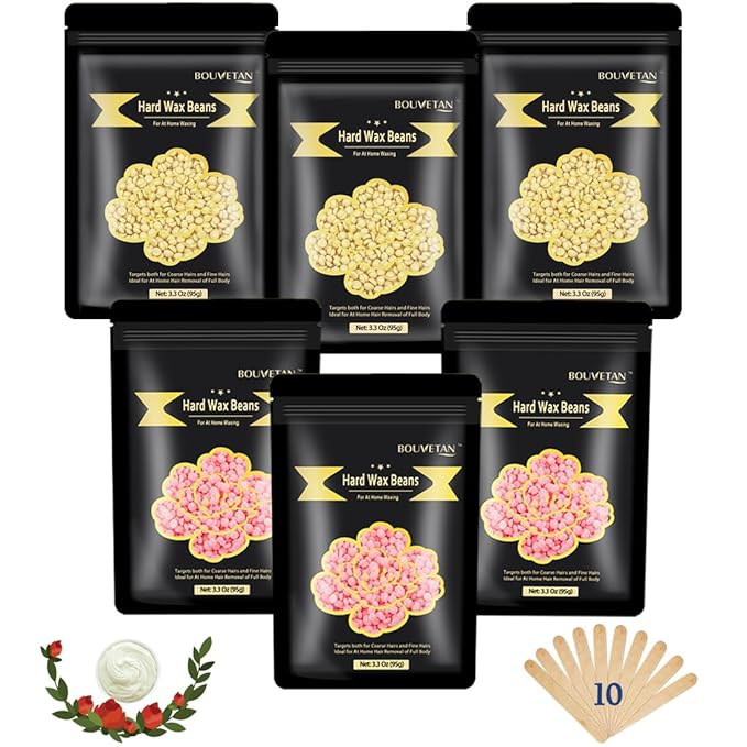 Hard Wax Beads for Hair Removal, Bouvetan 1.3Lb/21oz Wax Beans for Brazilian Waxing, Eyebrow, Face, Bikini, Legs, Arms for Women Men Hair Removal with 10pcs Sticks, 6 Packs