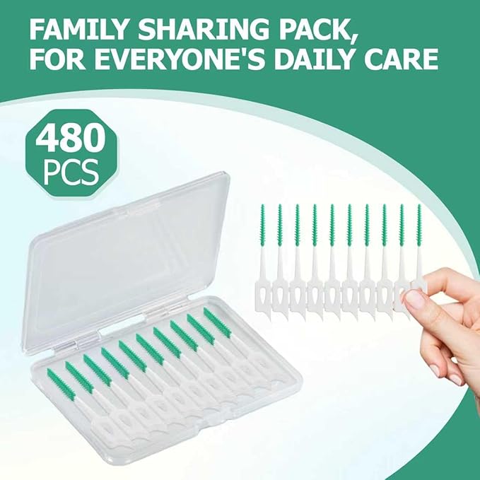 480 Pcs Dental Floss Picks, Soft Silicone Tooth Picks Flossers, Interdental Brushes with Case, Soft Dental Floss Picks for Teeth Cleaning, Braces, Bridges, Adult, Plaque Removal (Green)