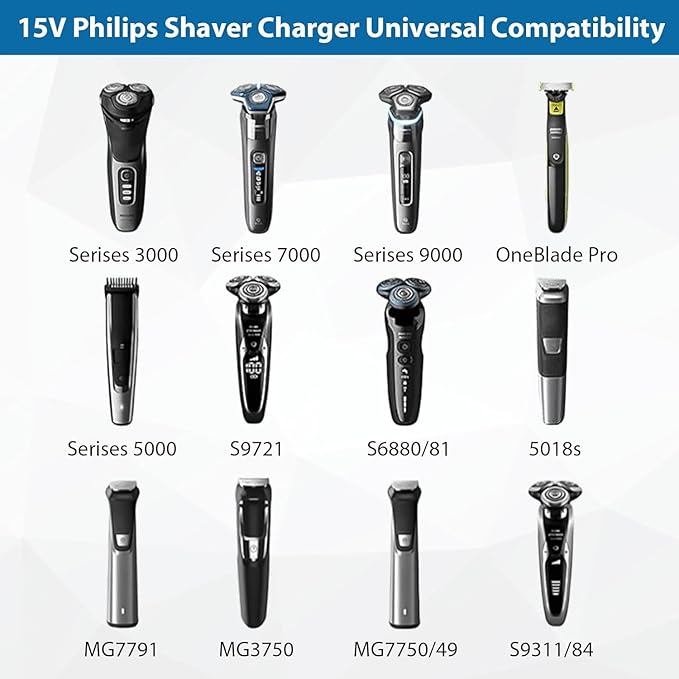 15V Philips Shaver Charger for Philips Norelco HQ8505 9000 7000 6000 3000 Series, Multigroom MG5750 MG7750 MG7770 MG7790 QP6531 QP6531 QP6520 BG7040 BG7030 BG5025 S9987 Electric Shaver Trimmer