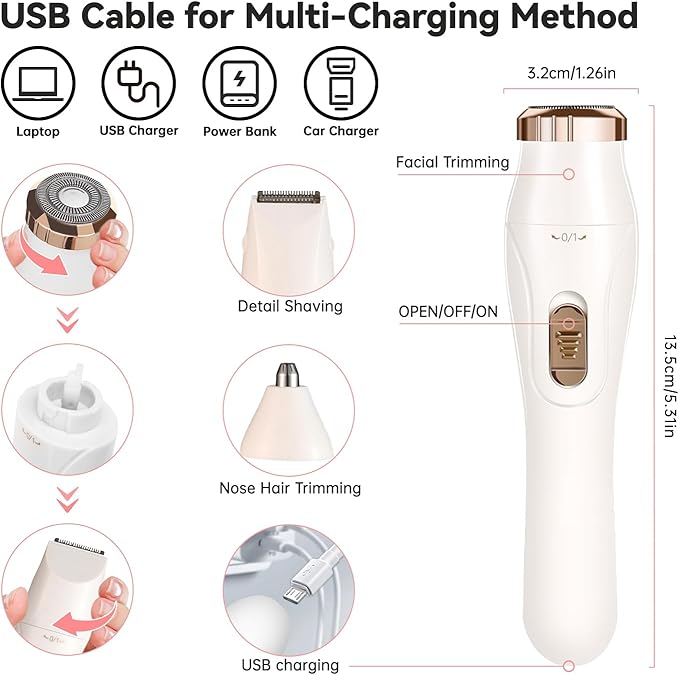 Rechargeable Electric Razors Shaver for Face/Leg/Arm/Chin/Eyebrow/Pubic/Bikini Trimmer for Women Lady Body Hair Remover Painless Cordless