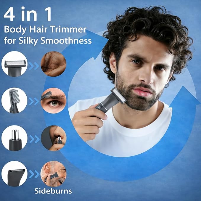 Beard Trimmer for Men, 4 in 1 Electric Razor for Ear, Nose, Eeybrow, Body, Face and Mustache Mens Grooming Kit Pubic Hair Trimmer with 4 Heads for Smooth Shaving