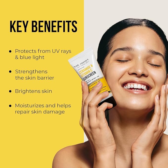 Dr. Sh.eth's Ceramide & Vitamin C Sunscreen | SPF 50+ Pa+++ | In-Vivo Tested | For Bright Skin & Healthy Glow | UVA/B & Bluelight Protection | For Men & Women | For All Skin Type | 50 g