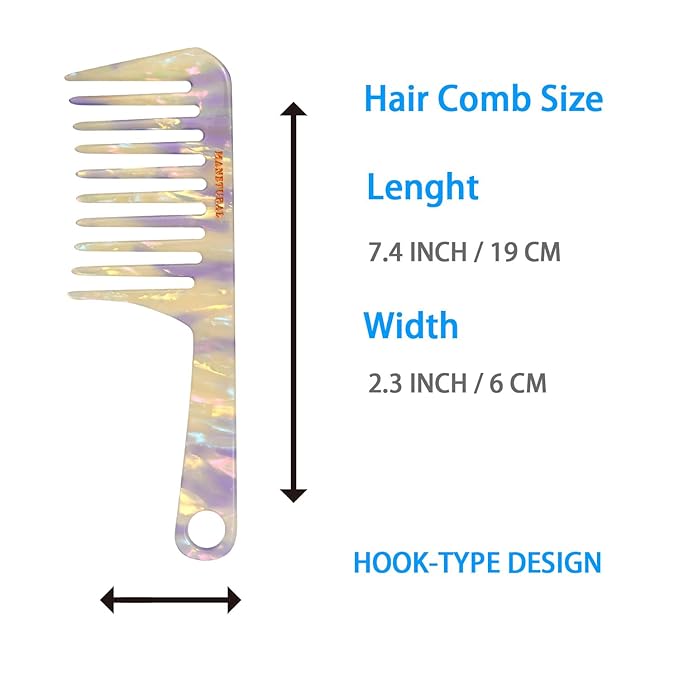 D1 | Wide Tooth Handle comb for Curly Hair| Elevates, Preserves Curl, Eliminates frizz, Acetate comb(White Purple)