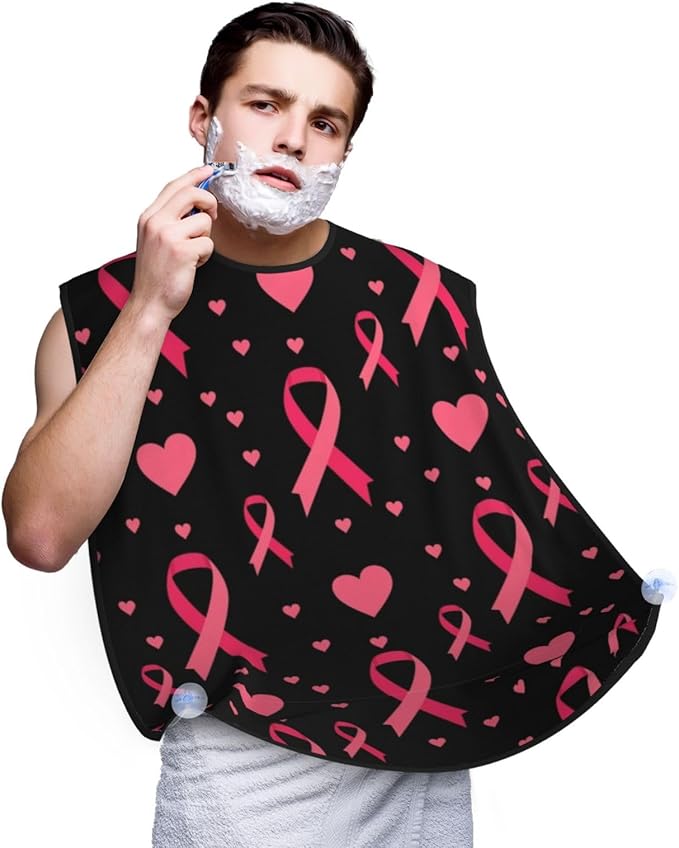 Waterproof Grooming Apron, Non-Stick Beard Bib with Suction Cups, for Breast Cancer Awareness Ribbons Love Heart Black