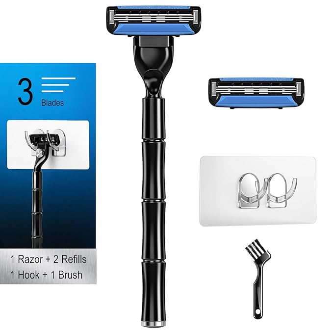 3-Blade Men Razor with Lubricating Strip & Pivoting Head - Safety Razor Blades Kit Includes 1 Handle, 2 Razor Blade Refills, Wall Hook & Cleaning Brush