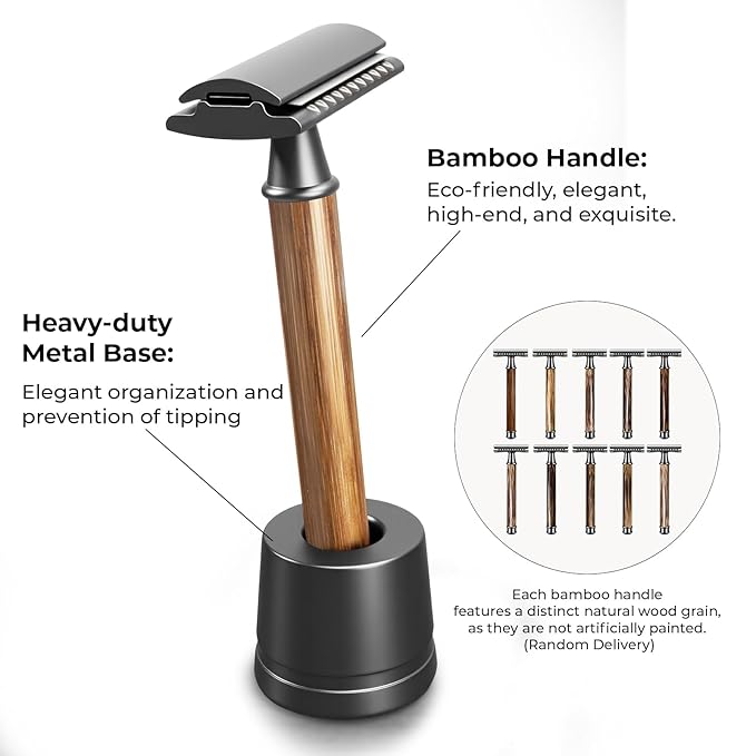 Double Edge Safety Razor: Premium Metal Single Blade Face Razor for Men & Women, Eco-Friendly Bamboo Handle & 10 Double Edge Blades