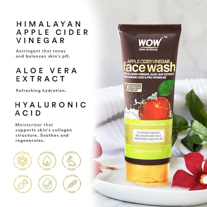 WOW Skin Science Apple Cider Vinegar Face Wash Gel - Deep Pore Cleansing For Smooth Skin,Helps Remove Blackheads- Daily Cleaner & Moisturizer For Men,Women & Teens - 100ml,Clear