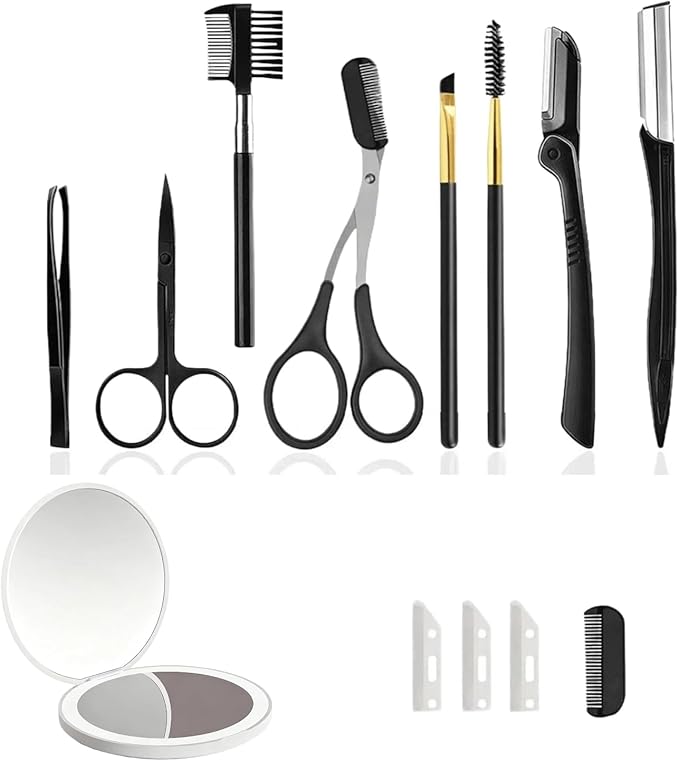 13-in-1 Eyebrow Trimming Kit with Double Magnification Vanity Mirror, Eyebrow Grooming Kit for Women/Men, Includes Scissors with Comb, Straight and Folding Razors, Brushes, Tweezers, Replacement Head
