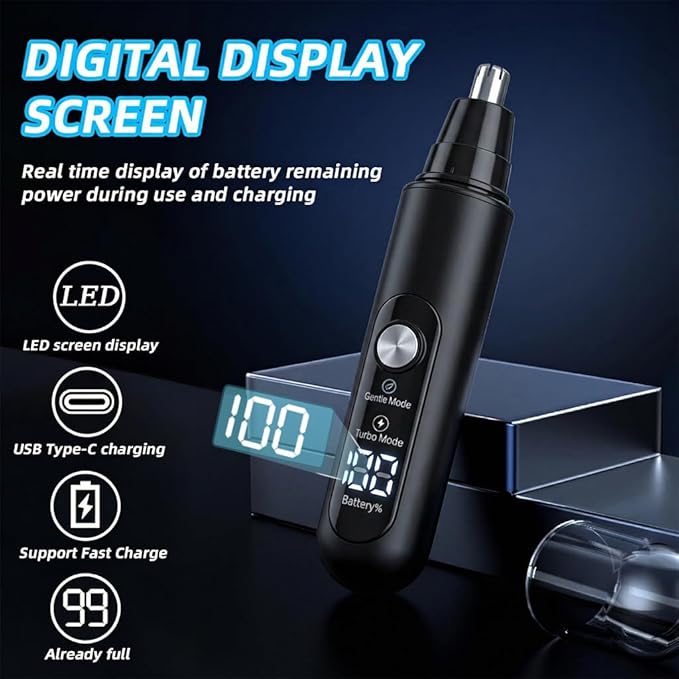 Ear & Nose Hair Trimmer, Professional Painless Eyebrow and Facial Hair Trimmer for Men and Women, C-Type Rechargeable, Waterproof Double Edged Blade (Carbon Black)