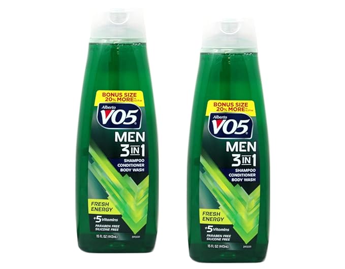 Alberto VO5 Men’s 3-in-1 Shampoo, Conditioner & Body Wash, Fresh Energy, 15 fl oz, 2 Pack – Daily All-in-One Cleanser for Hair & Body