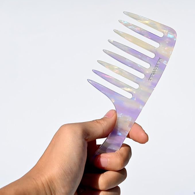 D1 | wide tooth comb 7.4"for easy portability. Suitable for Women's/girl curly, curly and tight hair, the short handle design is easy to carry. Acetate comb (White Purple B)