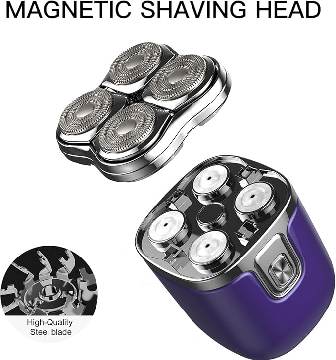 4-Blade Rotary Shaver for Men - Waterproof Electric Razor for Head Shaving & Face, Wet/Dry USB-C Rechargeable with LED Display, Detachable Trimmer Heads for Bald Men & Sensitive Skin