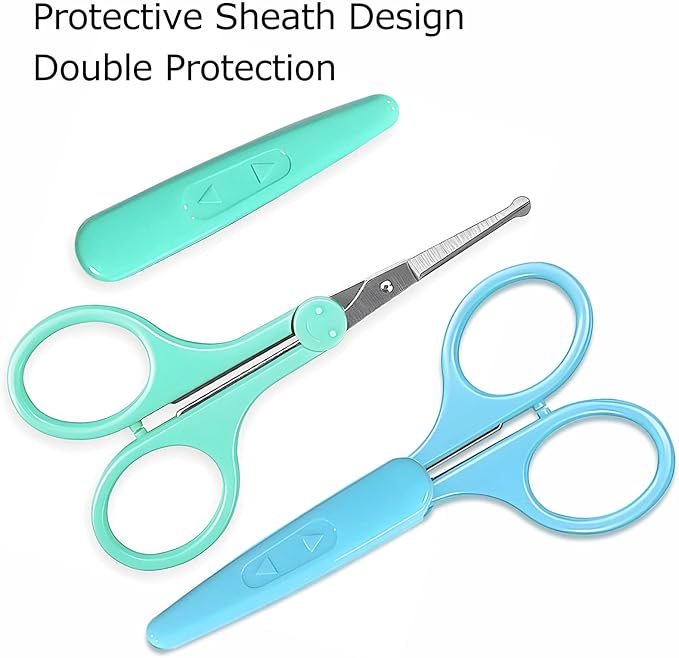 2-Pack Eyebrow Scissors, Precision Small Scissors for Facial, Nose, Eyebrow, Mustache, and Beard Hair Trimming & Grooming, Safety Edge, Long Cap (Blue and Green).