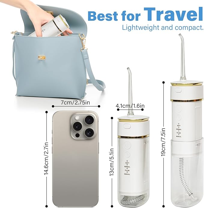Water Flosser Mini Cordless Portable Rechargeable Oral Irrigator, Telescopic Water Tank with IPX7 Waterproof 3 Models, Suitable for Family Use and Travel