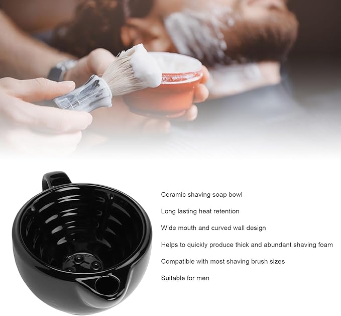 Double Walled Ceramic Shaving Bowl, Heat Retention Lather Bowl with Wide Mouth & Textured Interior, Large Handle Shaving Mug for Men, Hot Lather Accessory (Double Layer)