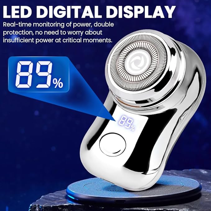 Mini Travel Electric Shaver, Portable Pocket Size Rechargeable Shaving Razor Lightweight Razor with Battery Power Display Wet & Dry Rotary for Teen Office Business (Silver)