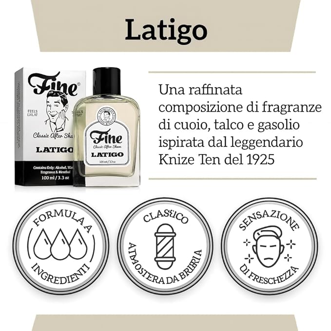 Fine Men's Aftershave - Latigo Fragrance, Soothing & Toning Post Shave Balm, Calms Razor Burn, Classic Barbershop Feel, Alcohol-Based Formula, Gentle for All Skin Types, 100ml