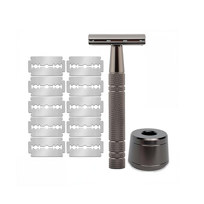 Men's and Women's Manual Razor Safety Razor with 10 Double Edge Blades, Double Edge Razor, Reusable Razor Kit, Eco-Friendly, Smooth Close Shave, Plastic-Free (Black + base)