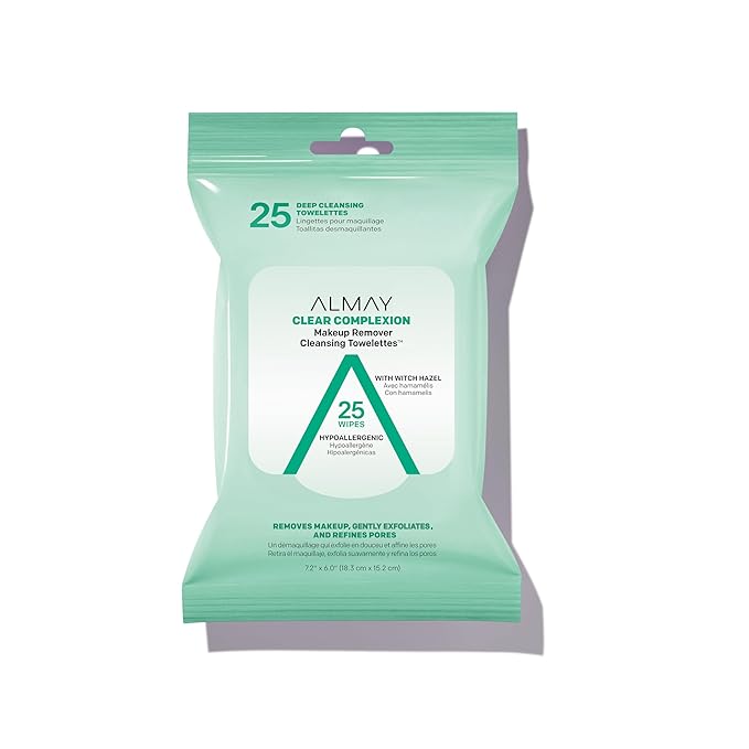 Almay Makeup Remover Cleansing Towelettes, Clear Complexion Wipes for Oily & Acne Prone Skin, Hypoallergenic, Cruelty- & Fragrance-Free, 25 count