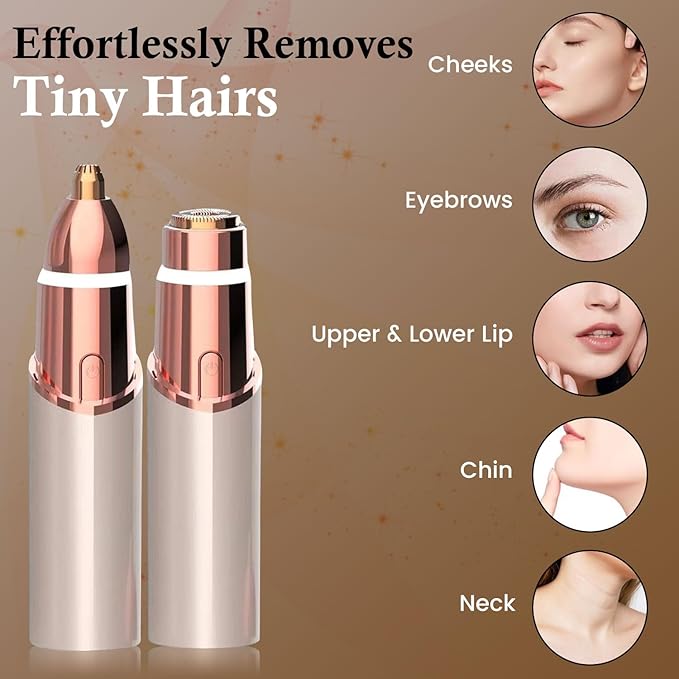 Eyebrow & Facial Trimmer: 2 in1 Rechargeable Facial Hair Removal & Eyebrow Shaver - Body Razor with Built-in LED Light (Rose Gold)