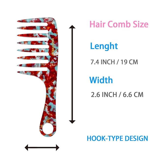 D1 | wide tooth comb 7.4"for easy portability. Suitable for Women's/girl curly, curly and tight hair, the short handle design is easy to carry. Acetate comb (RED B)