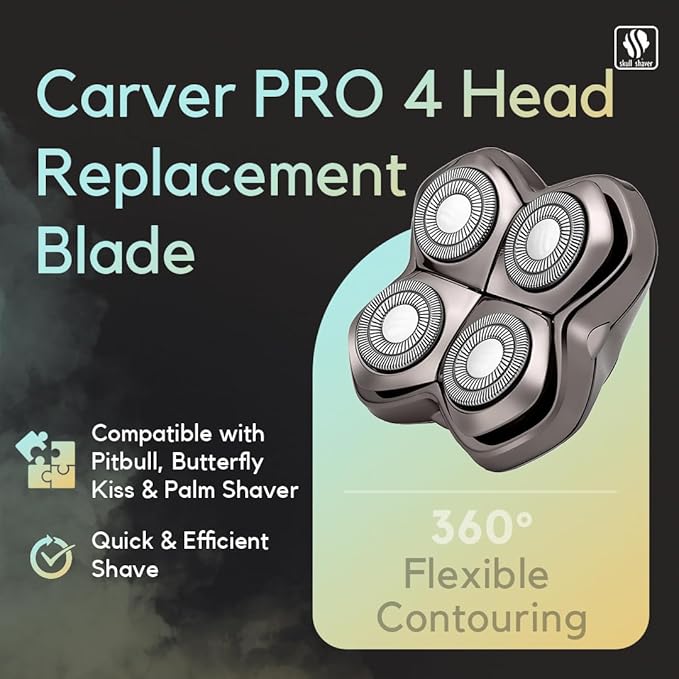 Skull Shaver Carver PRO 4 Head Replacement Blade - Shaver Blade for Wet & Dry Shaving - Rotary Heads Design - Japanese Stainless Steel - Compatible with Pitbull, Palm & Butterfly Kiss Shavers