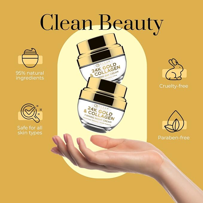 Clear Beauty 24K Gold & Collagen Face Moisturizer - Dermatologist Tested, Anti Aging, Korean Skin Care - Hydrates, Firms, Smooths For Youthful Skin - Vegan, Clean Beauty - Duo Pack