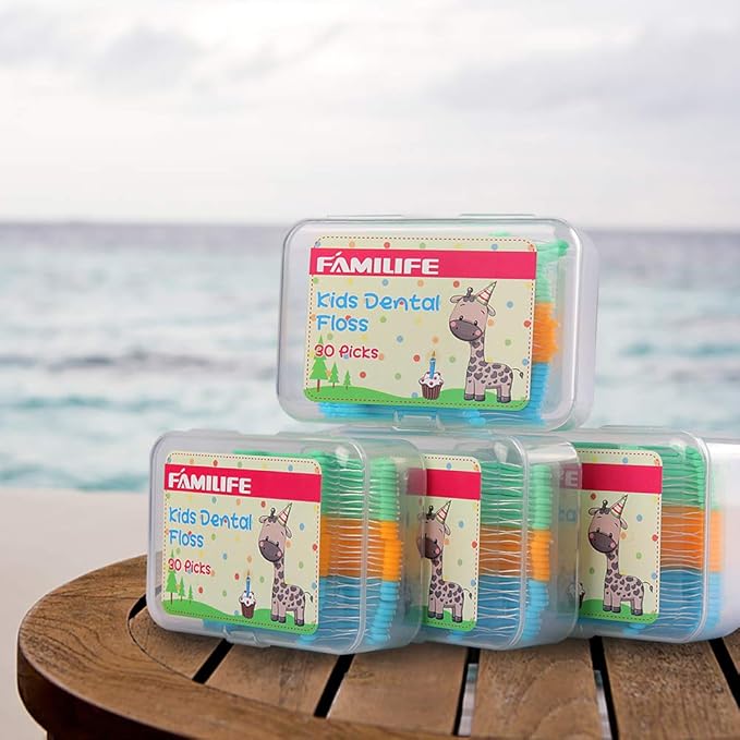 FAMILIFE Floss Picks, 120 Pcs Kid's Dental Floss Cleaner Without Fluoride, Tooth Pick Flossers with 4 Travel Handy Cases, Helps to Fight Tooth Decay and Keep Your Kids’ Teeth Clean, for Family