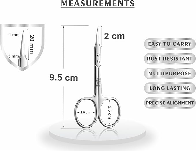 Cuticle Scissors Curved Blade - Extra Fine Pointed Tip Professional Manicure Grooming Scissors for Cuticles, Beard, Nose Hair, Eyelash, Mustache - Eyebrow Scissors