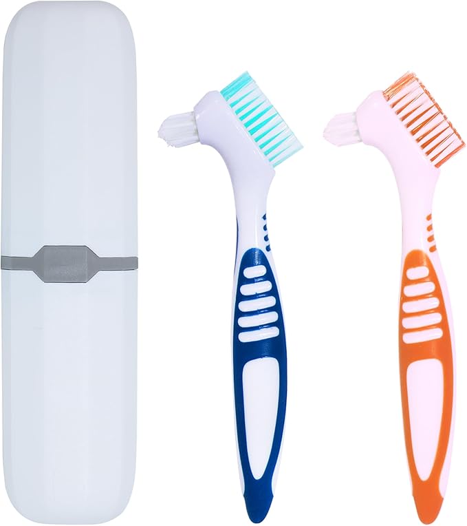 2Pcs Denture Brush False Teeth Toothbrush with 1 White Carrying Case, Effective Denture Cleaning Brush with Multi-Layered Soft Bristles,Orange and Blue