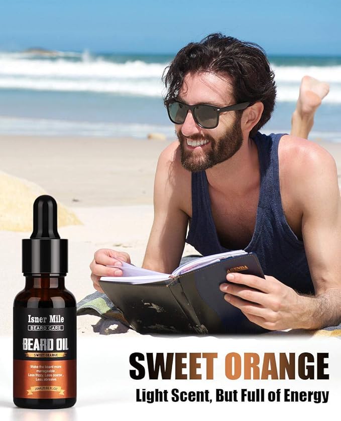 ISNER MILE 5 Pack Beard Oil Kit: Sandalwood Orange Cedarwood Sage Unscented for Beard Care & Conditioner, Christmas Stocking Stuffers for Adults Men, Birthday Gifts for Him Boyfriend Dad Husband