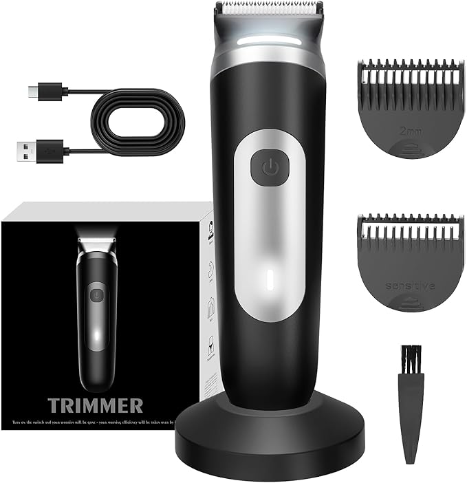 Electric Body Hair Trimmer for Men - Pubic Shaver with Ceramic Blades (No Nicks) - Mens Wireless Ball Shaver, Waterproof Wet/Dry Electric Razor, USB Recharge Dock