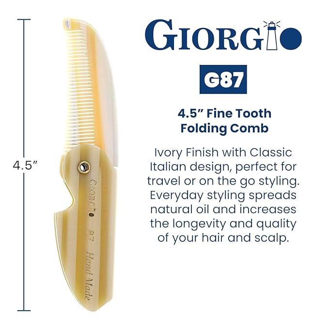 Giorgio G87 Folding Mustache and Beard Comb, Small Pocket Comb for Men Everyday Grooming and Hair Care. Handmade, Saw-cut and Hand Polished Styling Men's Folding Combs. Ivory 4.5 Inch