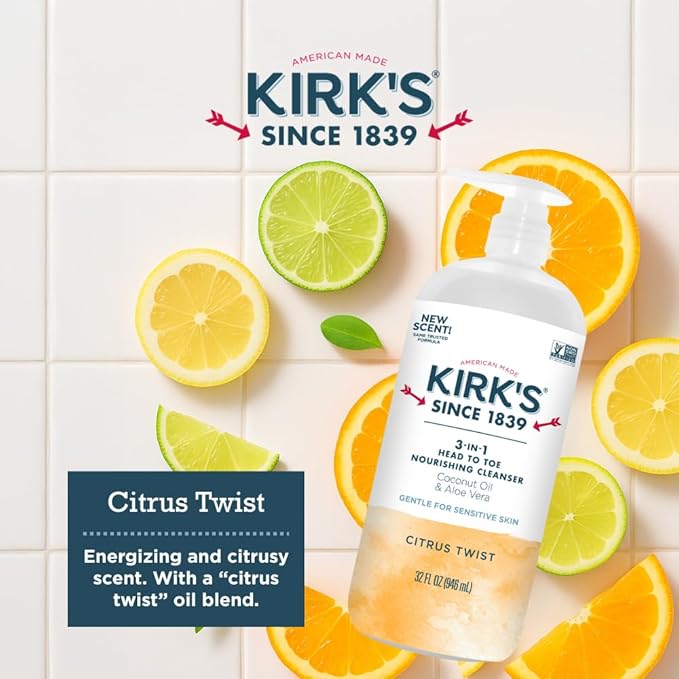 Kirk's 3-in-1 Head to Toe Nourishing Liquid Cleanser- for Men, Women & Children - Premium Coconut Oil & Aloe Vera- Non GMO & Vegan - Citrus Twist - 32 Fl Oz. - 2 Pack