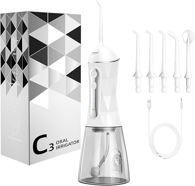 Water Dental Flosser Pick for Teeth Portable Oral Irrigator Rechargeable Travel Irrigation Cleaner 320ML Electric Flossing, IPX8 Waterproof, Waterproof Flossing Cleaning Picks for Home Travel (White)