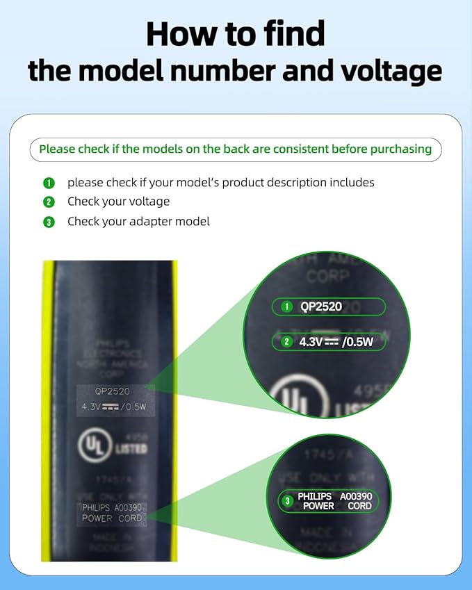Superer 4.3V A00390 Charger Fit for Philips Norelco One Blade QP2520 MG3740 - (Old Model) - QP2521 QP2522 QP2515 MG5700 MG3720 QG3330 Electric Shaver, for Phillips OneBlade Replacement Power Cord