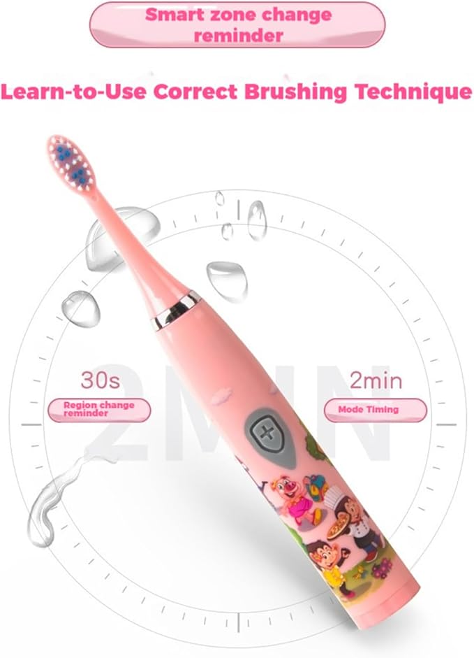 Kids Battery Powered Sonic Toothbrush with 3 Brush Heads, 1 AA Battery - Soft Bristles, IPX Waterproof, 2 Mins Timer, Blue/Pink